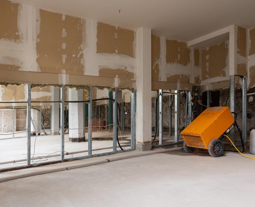 Industrial blowers drying structure of building with flood damage