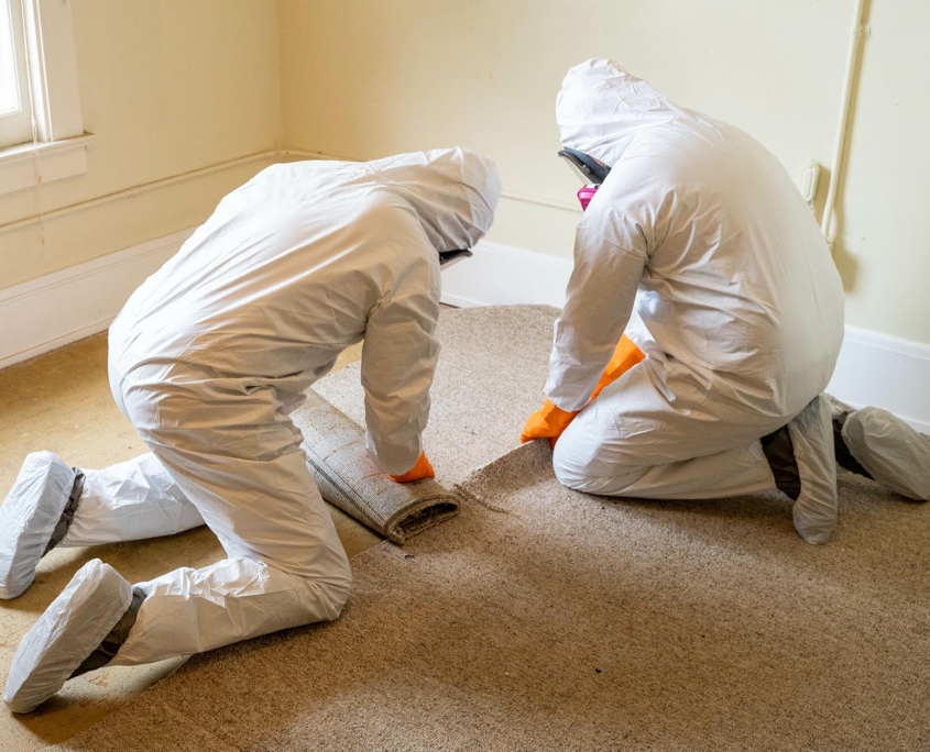Two workers removing molded carpet from floor