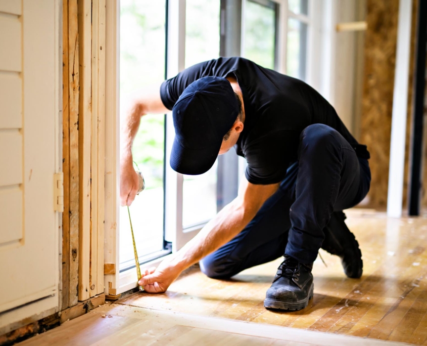 Worker reconstrucitng door frame to hosue