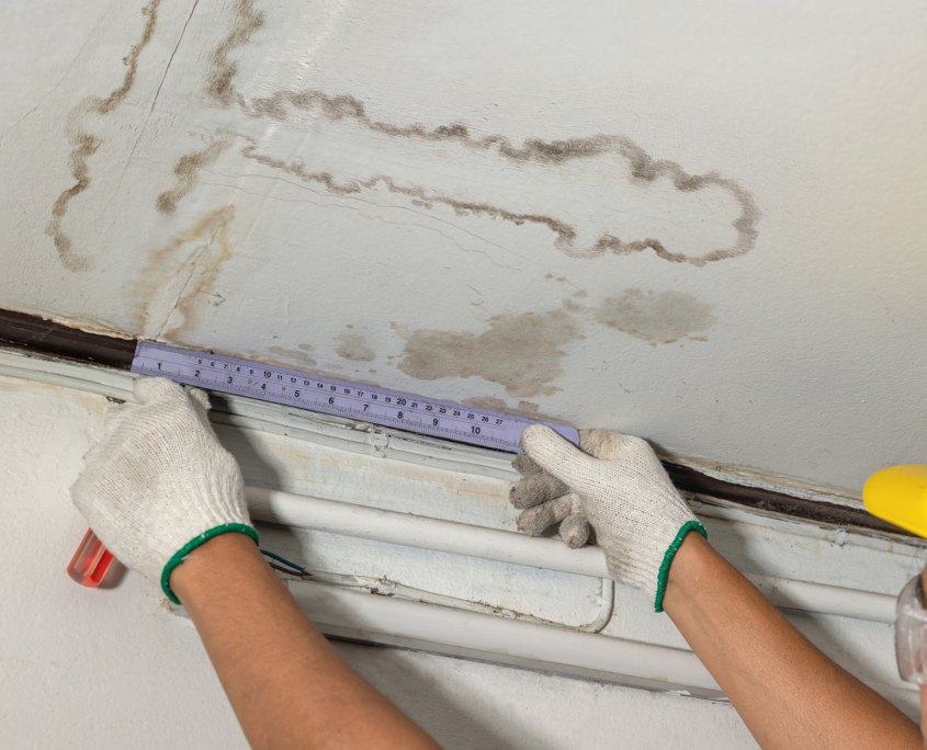 Worker fix leaking pipe in ceiling ,close-up of a stain on the ceiling
