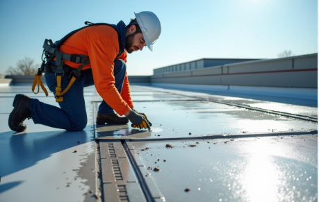Commercial Roofing Water Damage Restoration Solutions 3 Commercial roofing inspection showing water pooling and membrane damage requiring professional restoration