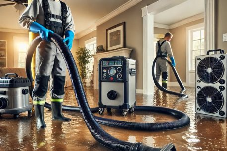 Water damage restoration Spring Branch TX showing professional equipment and certified technicians working in flooded home