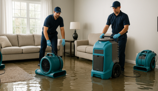 Professional water damage restoration Universal City Texas -process showing moisture detection and drying equipment