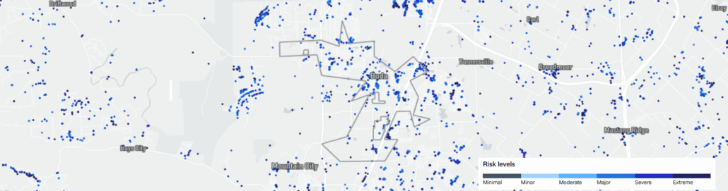  Geographic risk assessment for insurance claim assistance in Buda showing flood zones and weather damage areas
