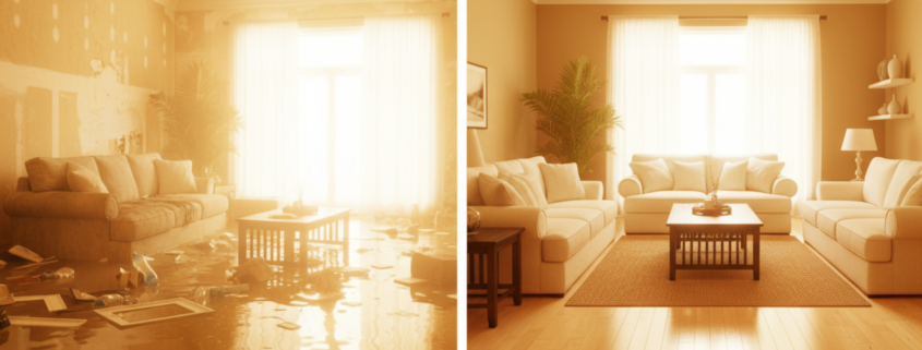 Why 24/7 Restoration Services Matter When Disaster Strikes Your Home or Business 1 Before and after 24/7 restoration service on a flooded San Antonio living room