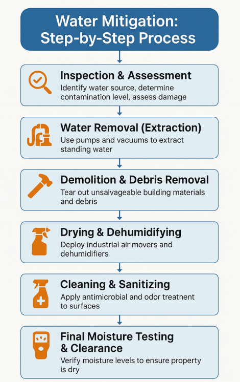 Water Mitigation Services Explained: What They Are and Why You Need Them Immediately 2 5-step water mitigation services process infographic for San Antonio property owners